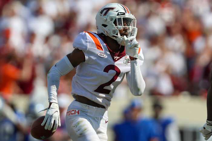 Sep 11, 2021; Blacksburg, Virginia, USA; Virginia Tech Hokies cornerback Jermaine Waller (2) celebrates after an interception against Middle Tennessee Blue Raiders during the third quarter at Lane Stadium. Mandatory Credit: Ryan Hunt-USA TODAY Sports